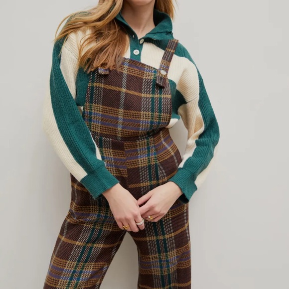 TWEED PLAID BUTTON UP WIDE LEG JUMPSUIT - Picture 2 of 5